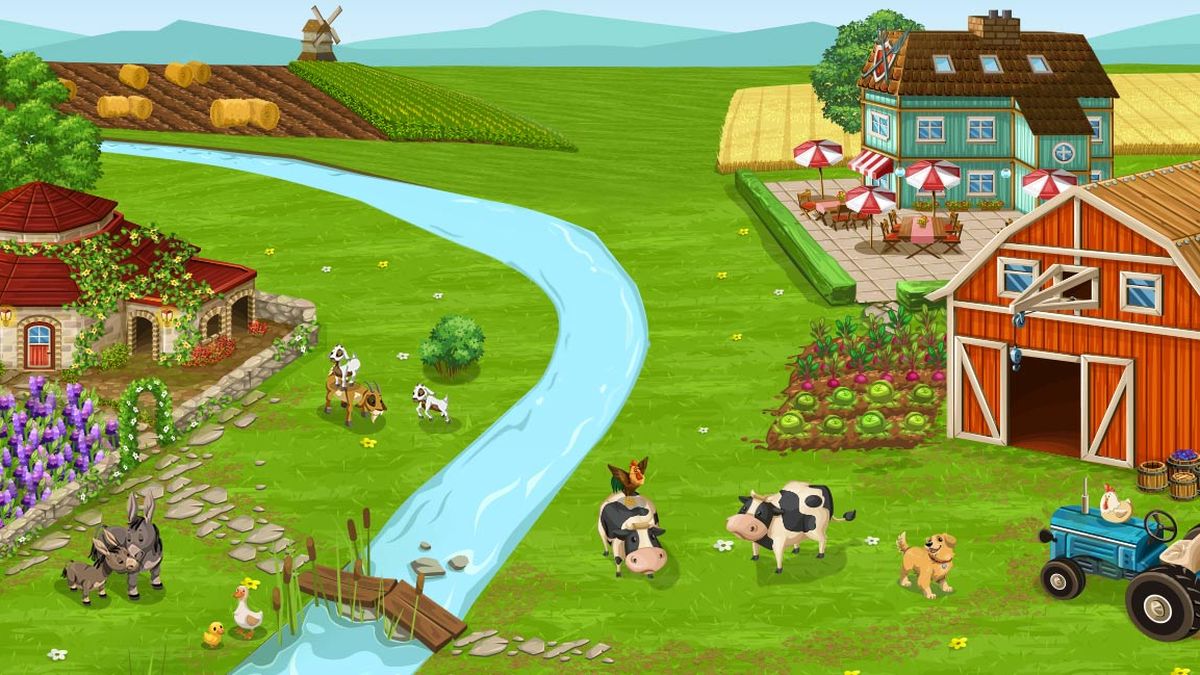 Big Farm artwork of a cartoon farm with a red barn, cows and a river