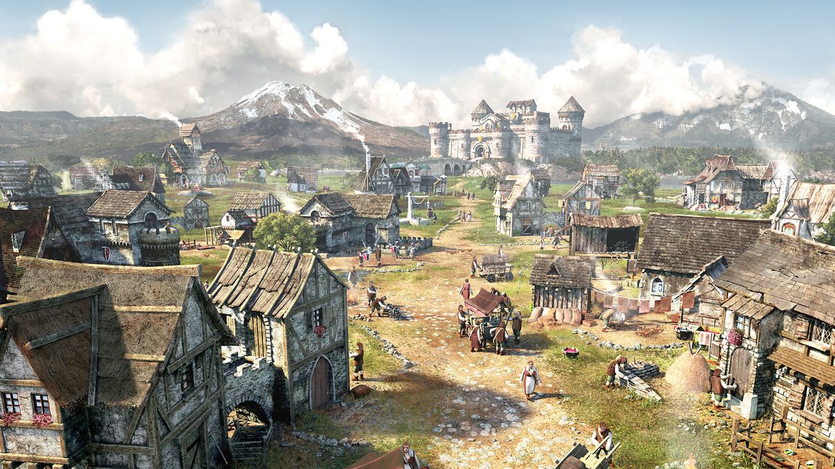Forge of Empires artwork showing a medieval town square with a castle and mountains behind it