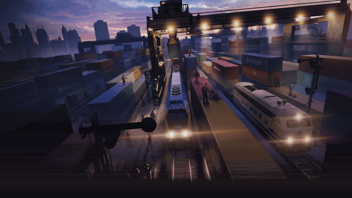 Rail Nation artwork of a freight yard at dusk with a modern train under a gantry crane
