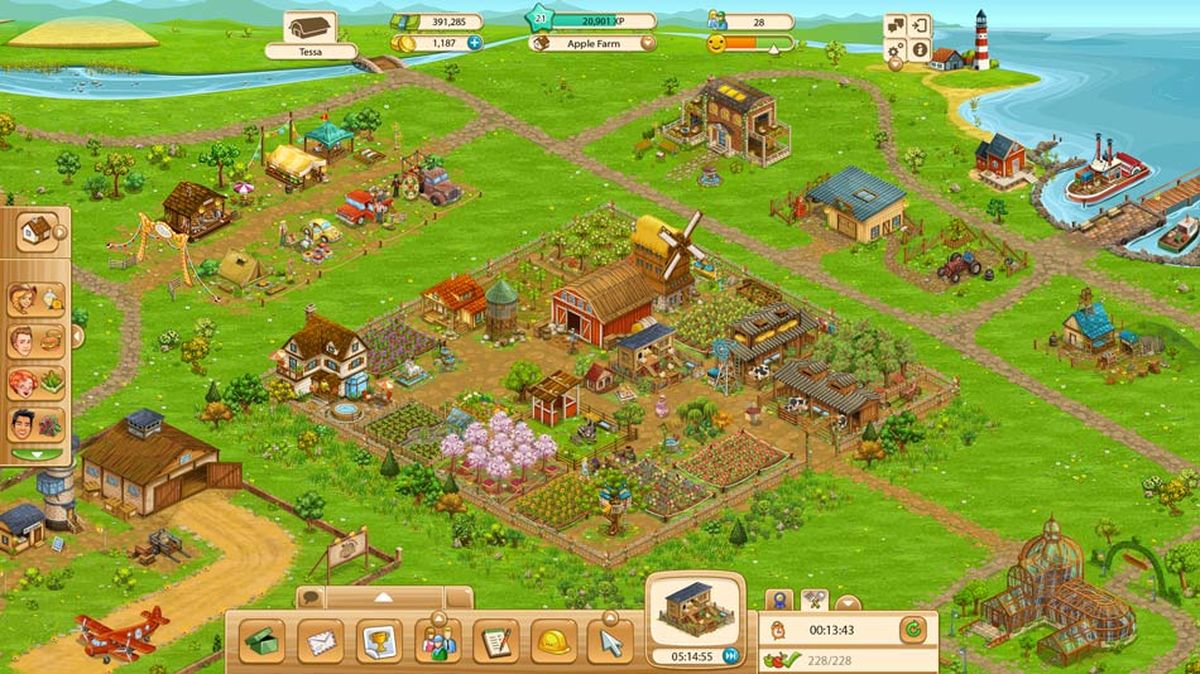 Big Farm screenshot showing fields, barns and a farmhouse from above
