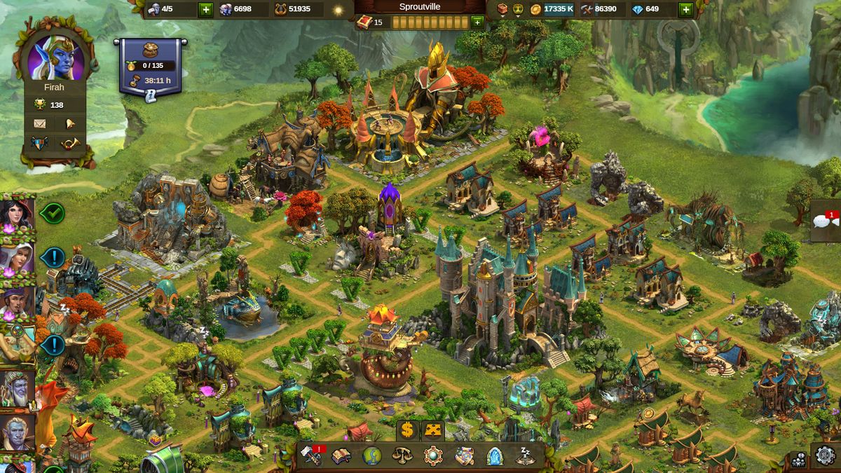 Elvenar screenshot of an elven city with colourful buildings and a river