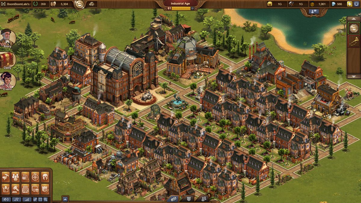 Forge of Empires screenshot of an Industrial Age city with factories, houses and a river